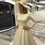 White Satin Long Sleeve Bateau Button Back Sweep Train Wedding Dress
