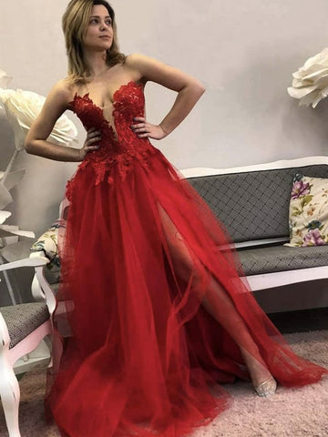 Red Tulle Applique Sweetheart Sheer See Through A line Prom Dress