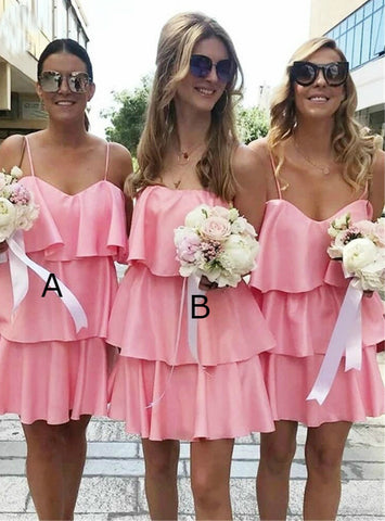 Tiered A-Line Pink Mini Spaghetti Straps Bridesmaid Dress
