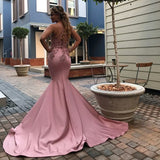 Appliques Open Back Spaghetti Straps Cheap Beads Mermaid Pink Prom Dress