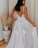 A Line Tulle Romantic V Neck Appliques Wedding Dress