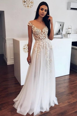 Tulle Cheap Floor Length Appliques Sheer A-line Wedding Dresses