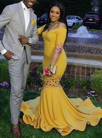 Yellow Mermaid Satin Crystal Off the Shoulder Long Sleeve Prom Dress