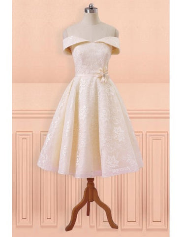 Champagne Lace Off Shoulder Tea Length Wedding Dress with Sash