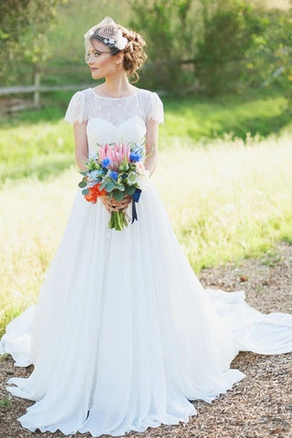 A Line Sweet Lace Chiffon Short Sleeves Wedding Dress
