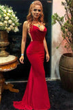Spaghetti-Straps Satin Backless Sexy Burgundy Mermaid Prom Dress