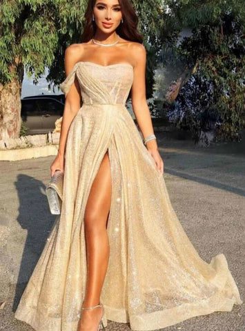 Gold Sequins Pleats A-Line Prom Dress With Side Split