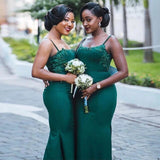 Beading Dark Green Mermaid Spagehtti Straps Appliques Bridesmaid Dress