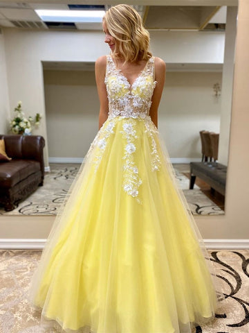  Appliques Yellow Tulle V Neck White Lace Long Prom Dress