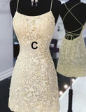 Short Yellow Lace Backless Mermaid Prom Homecoming Dress