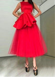 Red Tulle Jewel Neckline Tea-length A-line Prom Dress