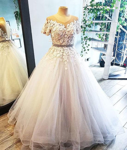 Illusion Scoop Flower Appliques Ball Gown Wedding Dress