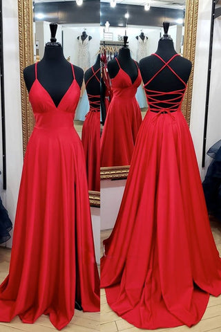Red Satin Spaghetti Straps A Line Cross Back Long Prom Dress