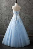 Appliques White Lace Strapless Sweetheart Light Blue Prom Dress