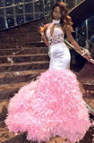 Appliques Ruffles Mermaid Pink High Neck Keyhole Prom Dresses