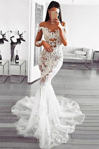 Long Sleeve Appliques Mermaid Off Shoulder Sheer Bridal Wedding Dress