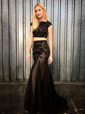 Two Piece Lace Black Short Sleeve Mermaid Prom Dress