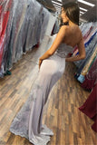 Satin Silver Side-Slit Strapless Appliques Mermaid Prom Dress