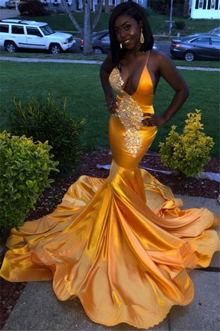 Open Back Gold Mermaid Sexy Formal Prom Dress Long with Appliques