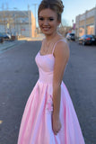 Pink Long Straps A-Line Satin Prom Dress with Beaded Pockets