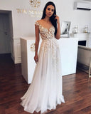 Tulle Cheap Floor Length Appliques Sheer A-line Wedding Dresses