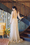 Beading Long Sleeve Backless Sparkle Champagne Sequin Wedding Dress