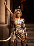 Long Sleeve Gold Sequin Asymmetrical Party Dress