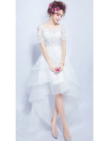 Short Sleeves High Low Scoop Organza Tulle Wedding Dress