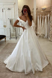 Satin Ruched A Line Sweep Train Off The Shoulder Wedding Dress