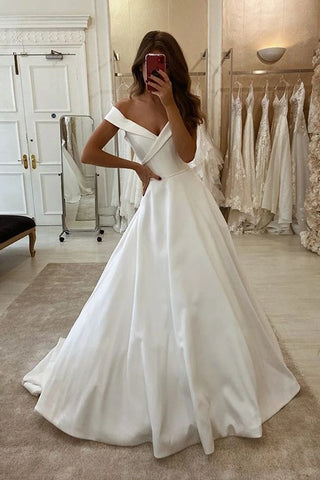 Cheap Satin Ruched A Line Sweep Train Off The Shoulder Wedding Dress ...