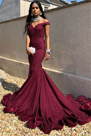 Mermaid Gorgeous Burgundy Sleeveless Off-The-Shoulder Prom Dress