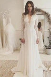 Lace Chiffon Boho V-neckline Long Sleeve Wedding Dress
