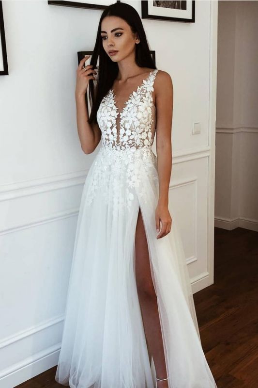V-neck Side Slit Tulle Straps Appliques A-line Wedding Dress V-neck Side Slit Tulle Straps Appliques A-line Wedding Dress