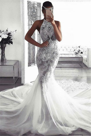 Tulle Sexy Sleeveless Lace Mermaid Fluffy Halter Wedding Dress