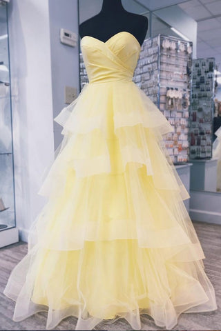 Sweetheart Tulle Yellow Ruffles Long Prom Dress