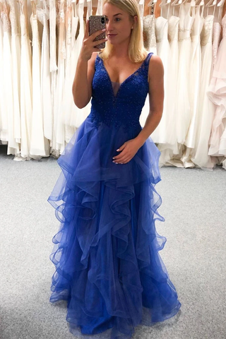 Appliques Tulle Lace Blue V Neck Ruffles Long Prom Dress