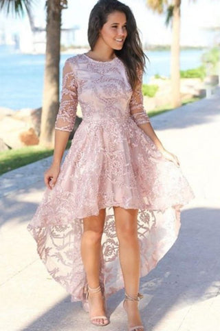 Pink Hi-Lo Jewel 3/4 Sleeves Exquisite Lace Beading Prom Dress