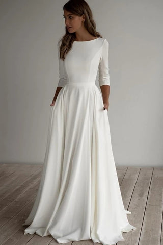 Scoop Satin A Line Simple Long Sleeves Wedding Dress