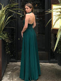 Halter Green Chiffon Floor Length Pleats Prom Dress