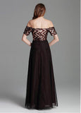  Tulle Off-the-shoulder Brown Short Sleeve A-line Prom Dress