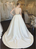 White Satin Deep V-neck Backless Beading Wedding Dress