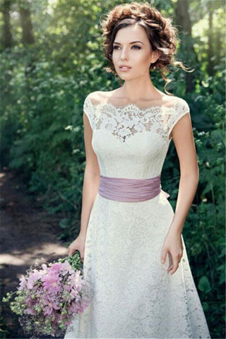 Open Back Portrait A-line Lace Outdoor Wedding Dress with Lavender Sash