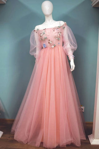 Appliques Flower Pink Tulle Lace Long Sleeves Prom Dress