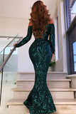 Long Sleeves Mermaid Green Off The Shoulder Sequins Prom Dress