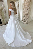 Satin Ruched A Line Sweep Train Off The Shoulder Wedding Dress