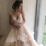 Champagne Tulle Spaghetti Straps Backless Appliques Wedding Dress
