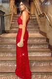Cut Out Sheath Column Red One Shoulder Side-Slit Sequins Prom Dress