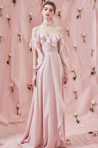 Pink Chiffon Simple A Line Ruffles Long Prom Dress