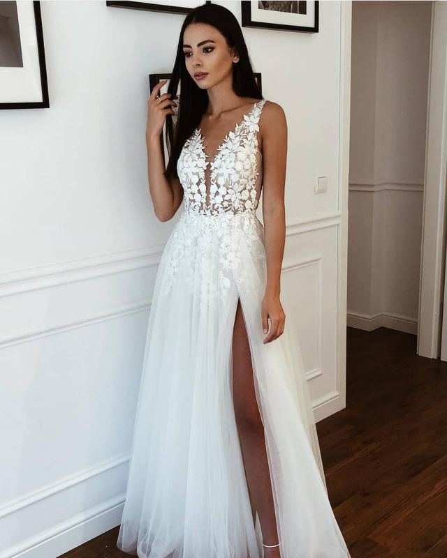 V-neck Side Slit Tulle Straps Appliques A-line Wedding Dress – Sassymyprom