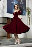 Back Burgundy Mid-Calf Short Sleeves Lace-up Ankle Length Velvet Prom Dress